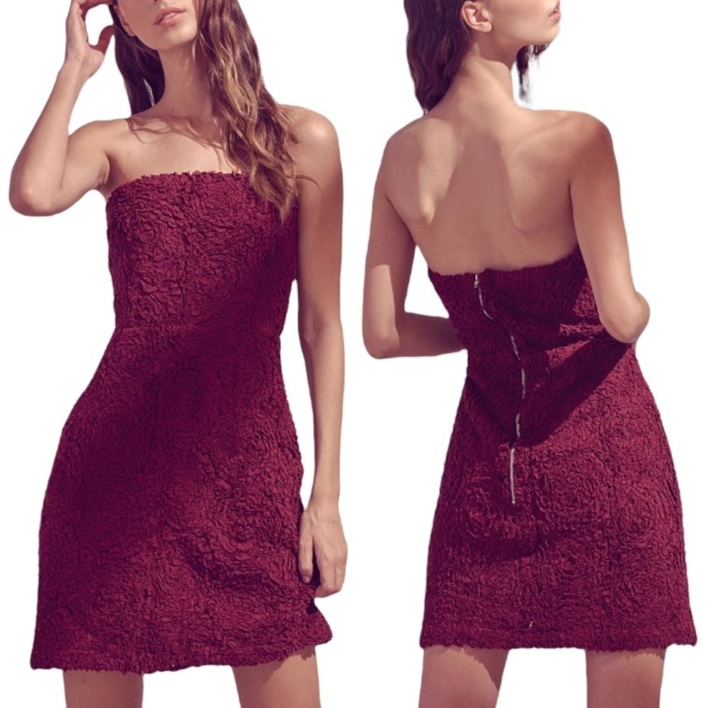Storia Textured Floral Mini Dress Strapless Bodycon Maroon S